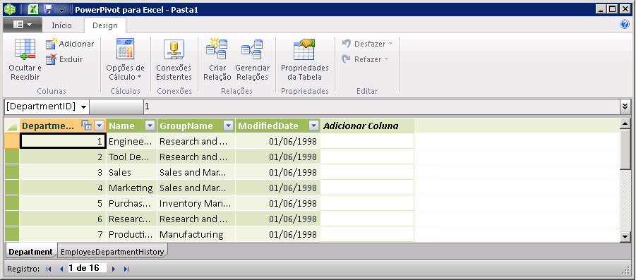 Guia de design da janela do PowerPivot com texto explicativo