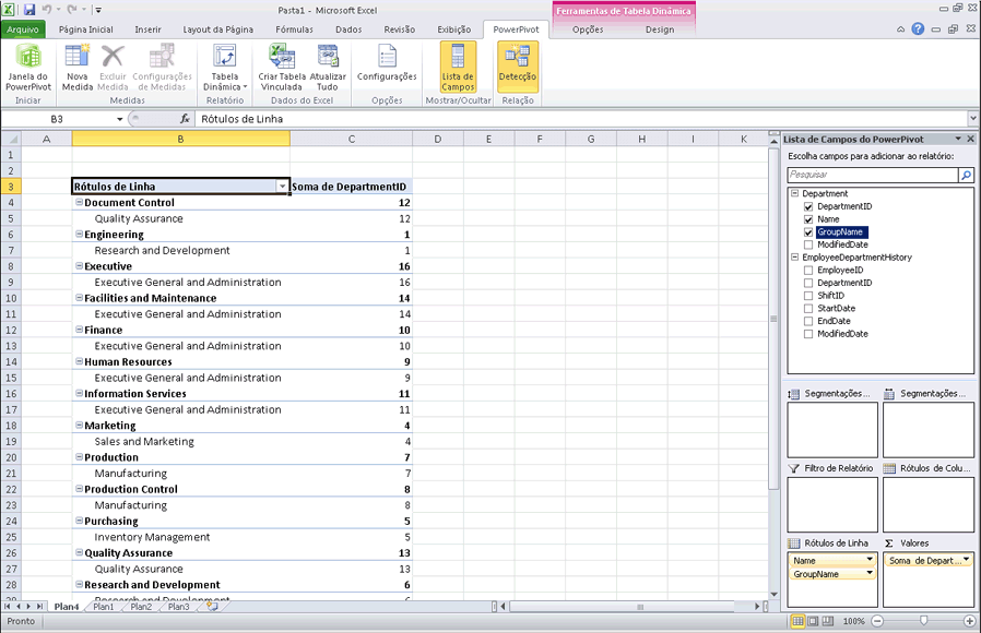 Janela do Excel com a lista de campos do PowerPivot exibida