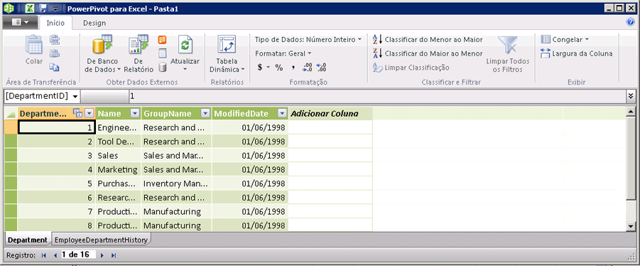 Guia da página inicial da janela do PowerPivot com texto explicativo