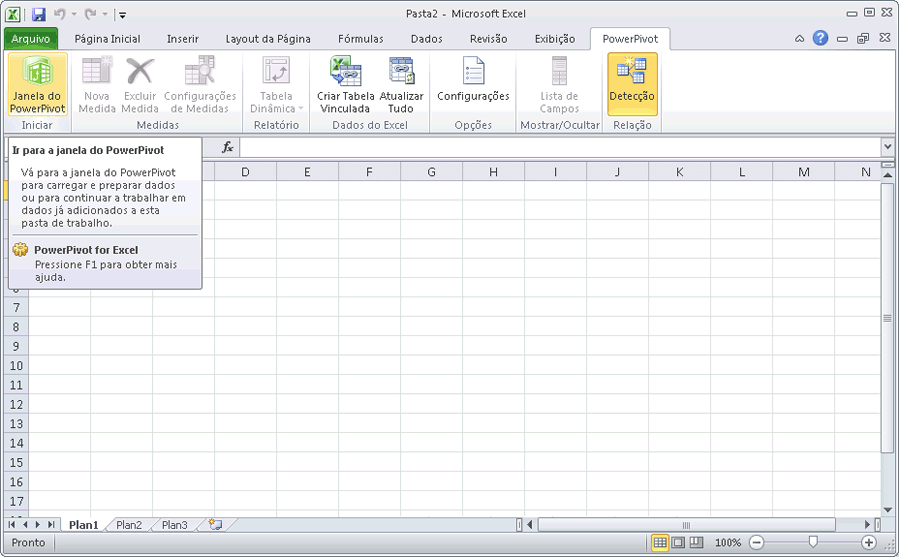 Guia do PowerPivot na faixa de opções do Excel