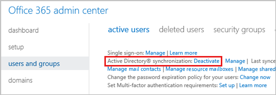 Captura de tela que mostra a status de sincronização do Active Directory na guia Usuário e grupos.