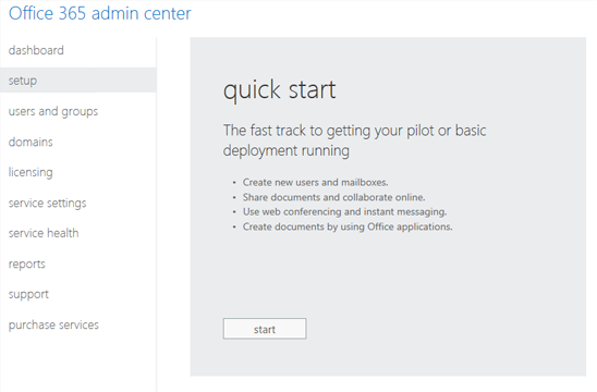 Captura de tela que mostra a guia de configuração no Centro de administração do Microsoft 365.