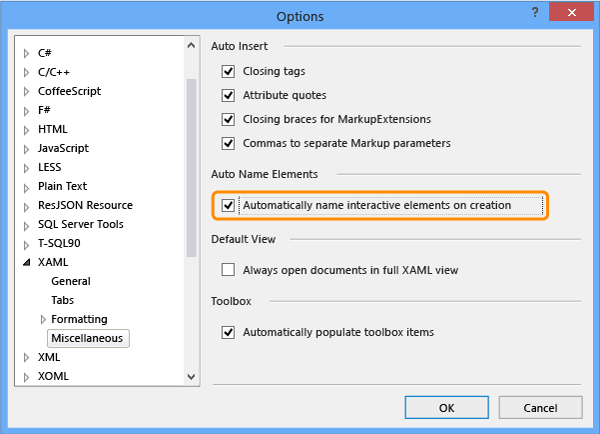 Opções diversas XAML