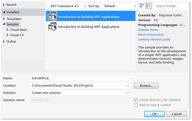 BuildWalk_NewProjectdlgIntrotoWPFsampleVB New Project dialog box, Visual Basic Sample