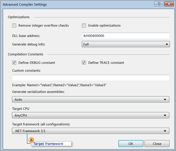 HowToConfigureUniTest35FrameworkStepB Target framework drop-down list