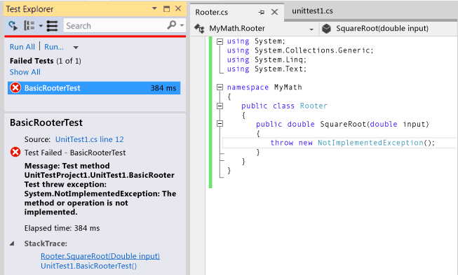 UnitTestExplorerWalkthrough2 Unit Test Explorer showing failed test.