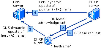Cliente e servidor DHCP a executar uma actualização dinâmica DNS