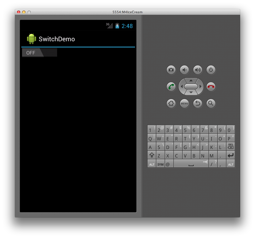 Captura de tela do aplicativo de demonstração exibindo um Switch no estado OFF