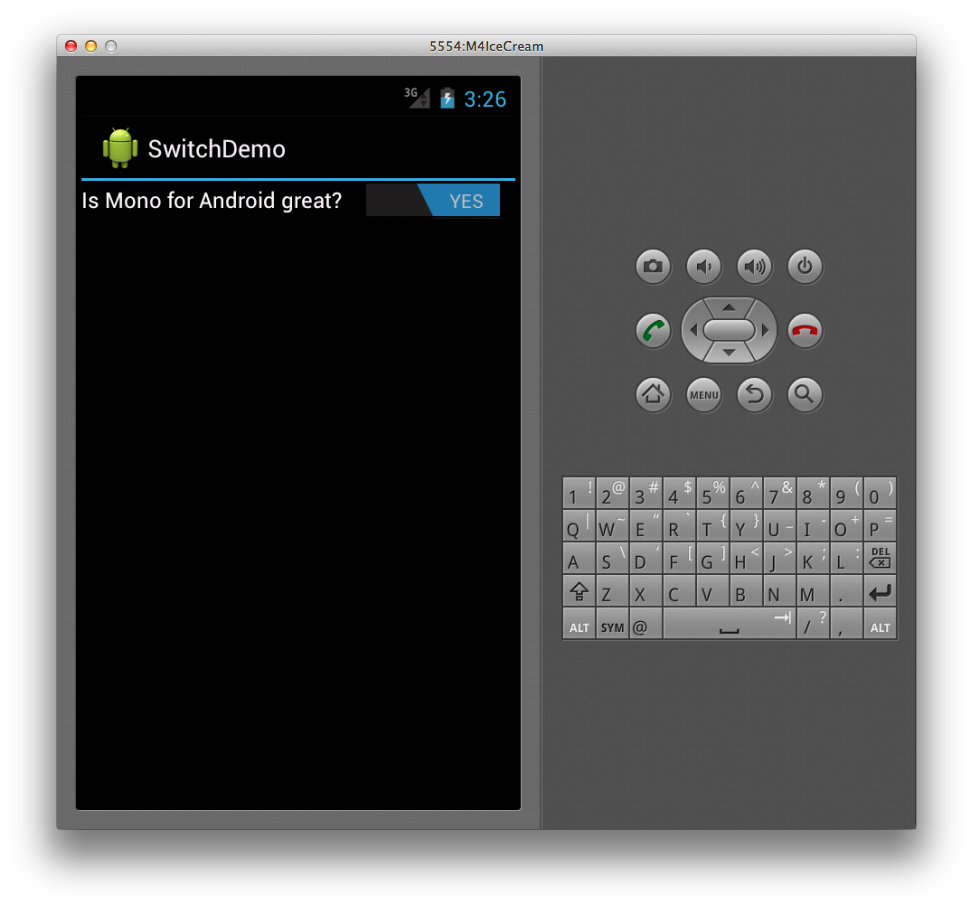 Captura de tela do aplicativo de demonstração com texto na horizontal precedendo o widget Switch