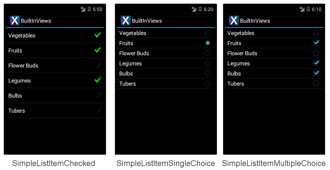 Capturas de tela de SimpleListItemChecked, SimpleListItemSingleChoice e SimpleListItemMultipleChoice com acessórios