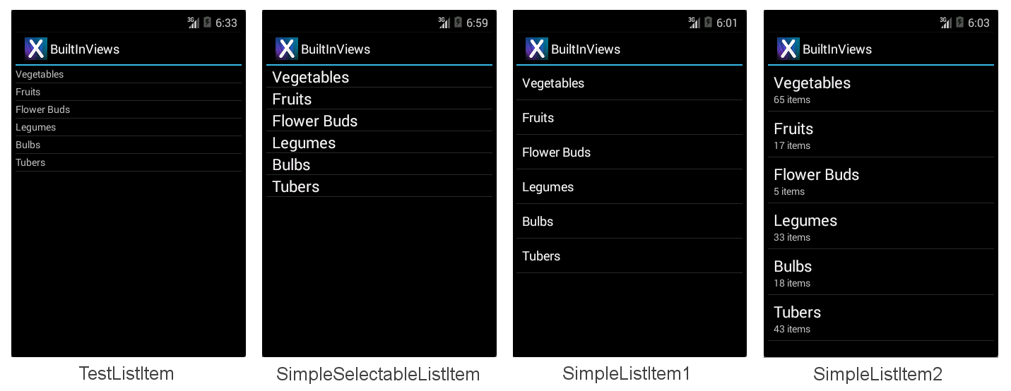 Capturas de tela de TestListItem, SimpleSelectableListItem, SimpleListitem1 e SimpleListItem2
