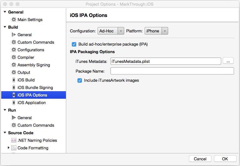 Inclua imagens do iTunesArtwork e a opção Criar IPA de pacote ad hoc/enterprise está marcada