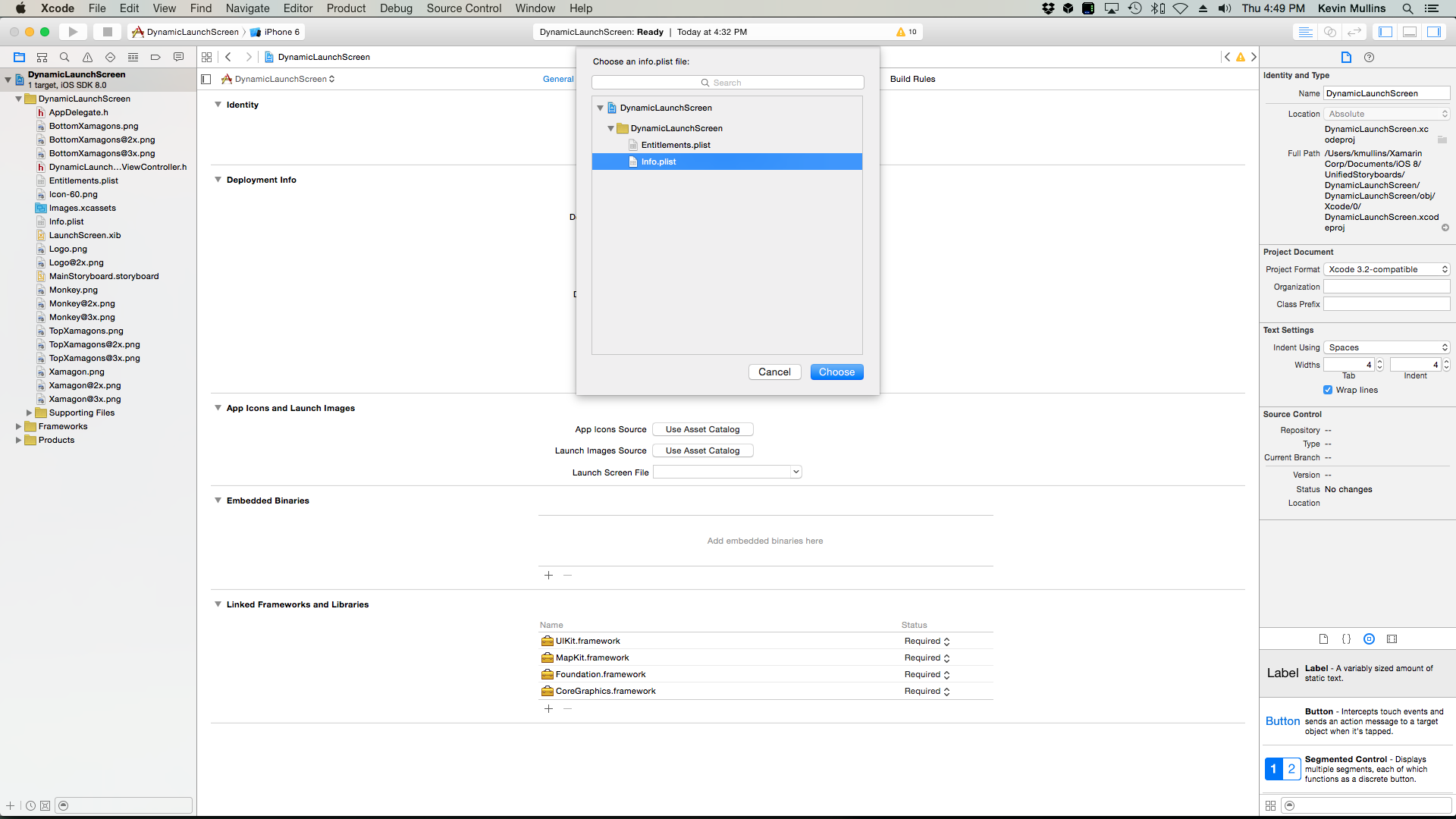 Selecione o Info.plist para o aplicativo Xamarin