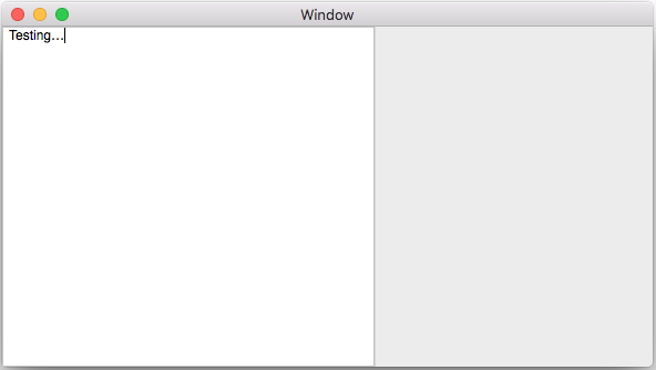 Um exemplo do aplicativo em execução, exibindo texto no painel esquerdo maior da Janela.