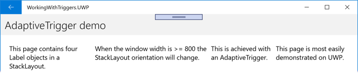 Exemplo de AdaptiveTrigger Horizontal StackLayout VisualState