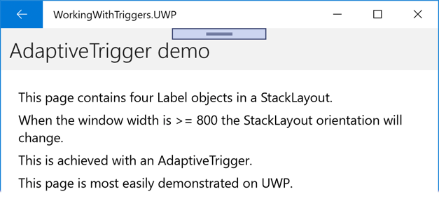 Exemplo de AdaptiveTrigger Vertical StackLayout VisualState
