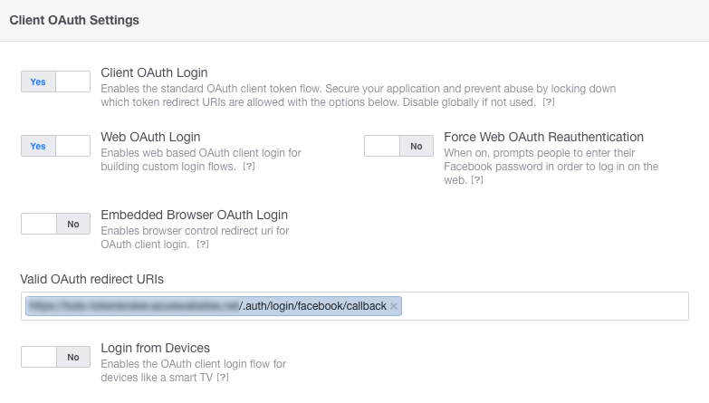 Configurações OAuth de login do Facebook
