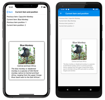 CarouselView com posições atuais e anteriores Captura de tela de um CarouselView com posições anteriores e atuais, no iOS e Android