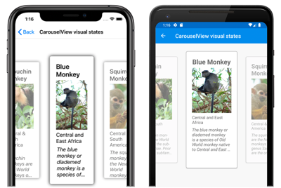 Estados visuais CarouselView Captura de tela de um CarouselView usando estados visuais, no iOS e Android