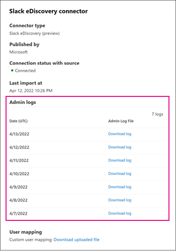 Logs de administradores exibidos na página de submenu do conector de dados.