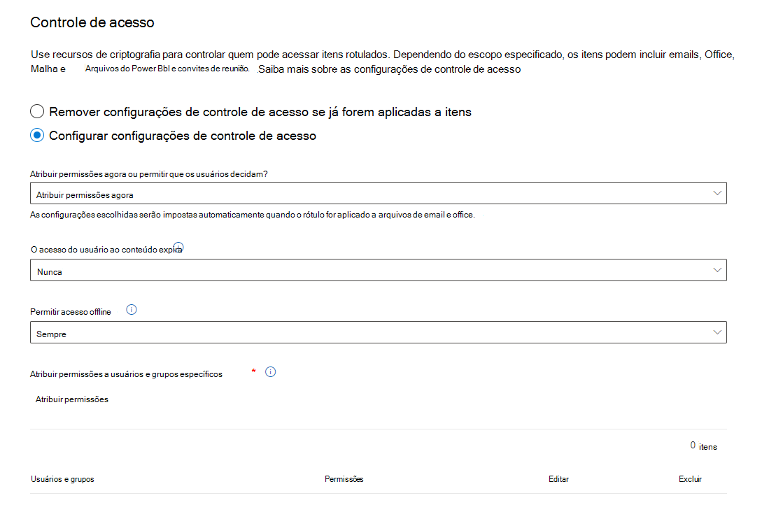 Opções de rótulo de confidencialidade para criptografia.