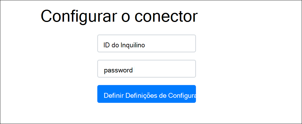 Captura de ecrã da página de início de sessão da aplicação Web do conector aberta a partir da opção Configurar.
