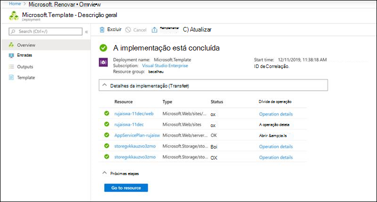 Captura de ecrã do portal do Azure a mostrar uma implementação do serviço Web do conector com êxito.