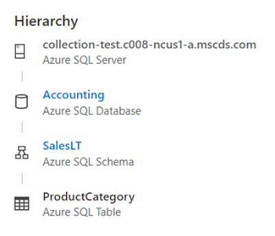 Captura de tela da janela hierarquia do portal de governança do Microsoft Purview em que o usuário só tem permissões de leitura e não tem acesso a opções.