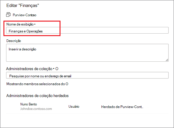 Screenshot of Microsoft Purview governance portal window with the rename collection window open.