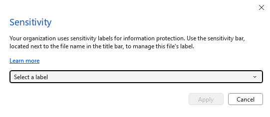 Captura de ecrã a mostrar que, nas aplicações mais recentes do Office, as opções de IRM já não estão disponíveis e os utilizadores têm de selecionar uma etiqueta de confidencialidade.