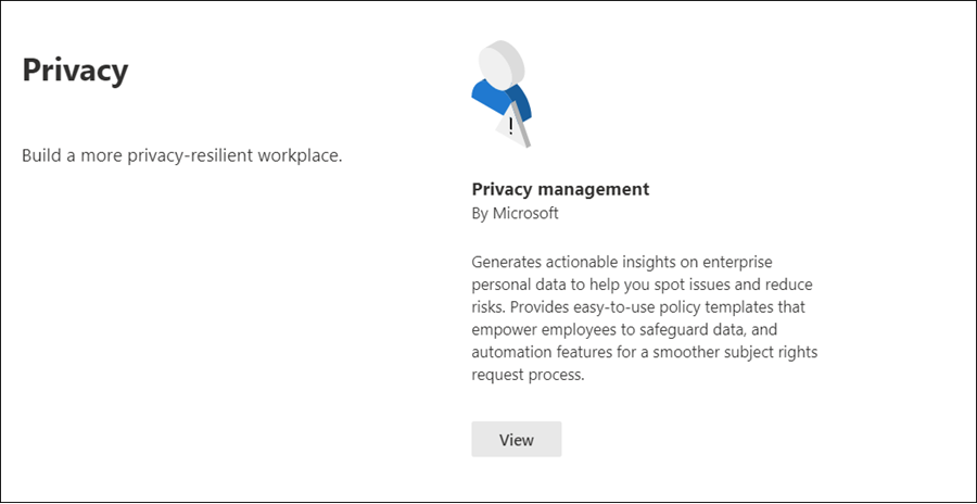 Secção de privacidade do catálogo de soluções do Microsoft Purview.