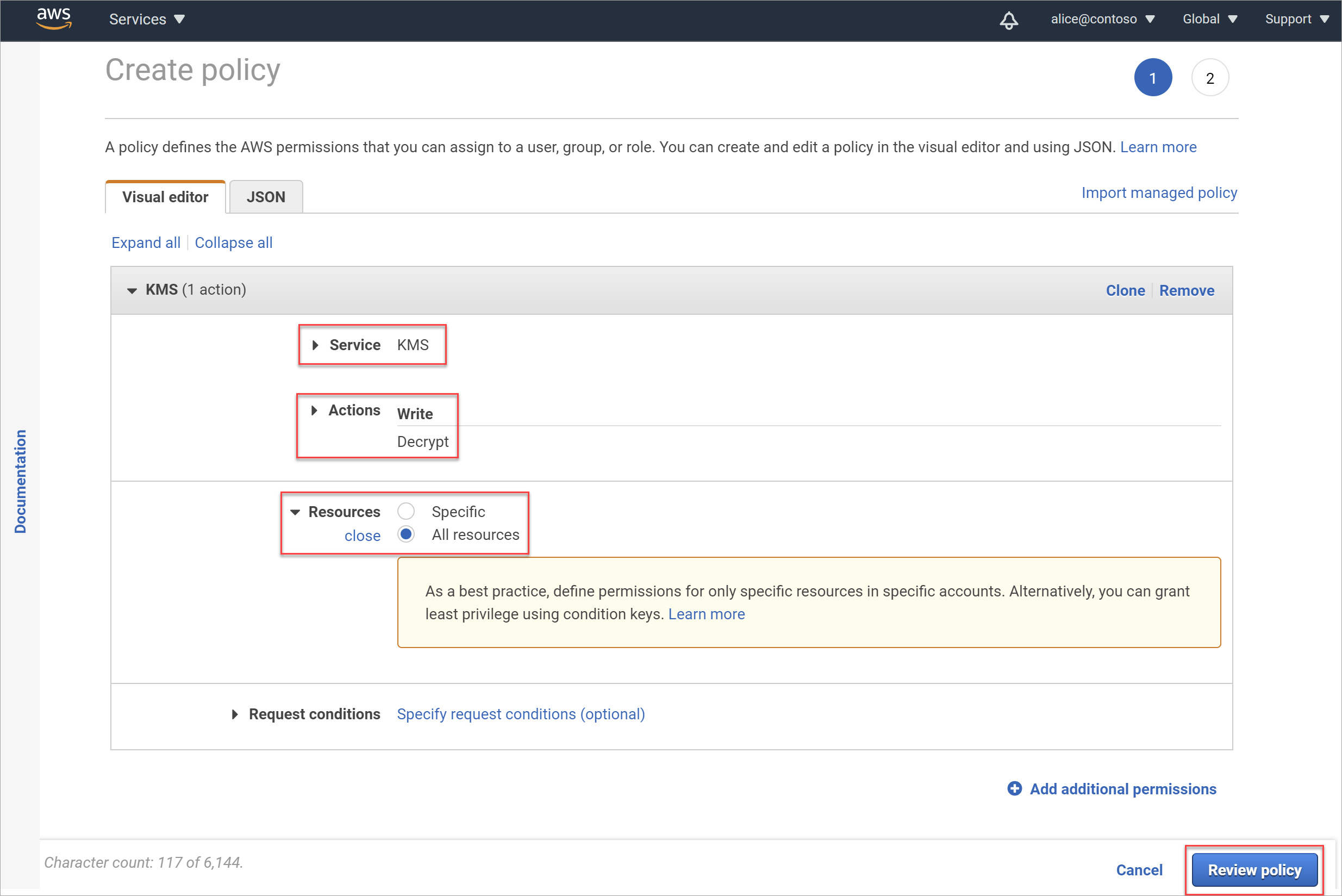 Crie uma política para verificar um bucket com a criptografia AWS-KMS.