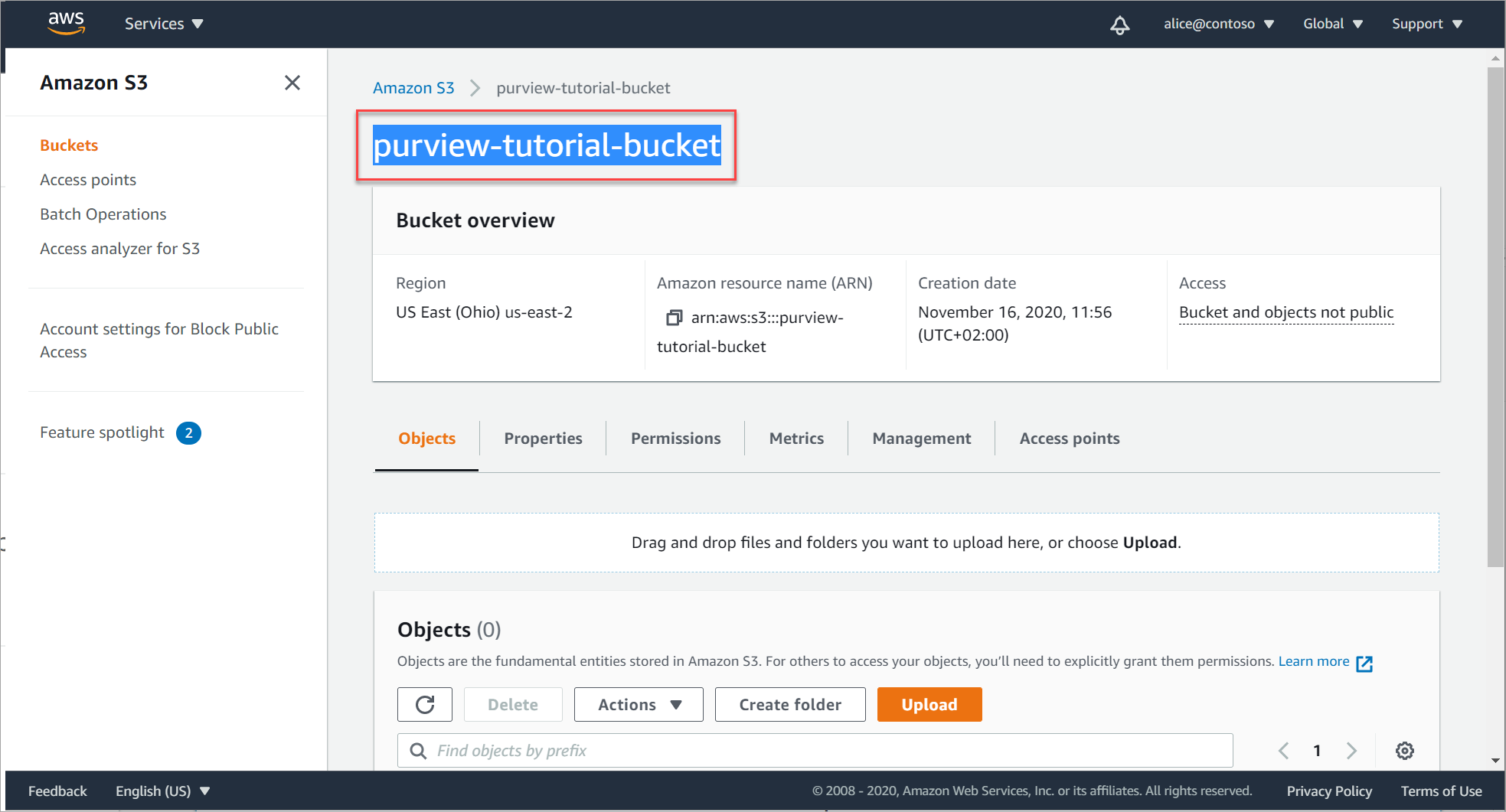 Recupere e copie o URL do bucket do S3.