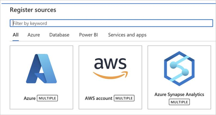 Captura de tela que mostra o bloco do Múltiplo do Azure na tela para registrar várias fontes.