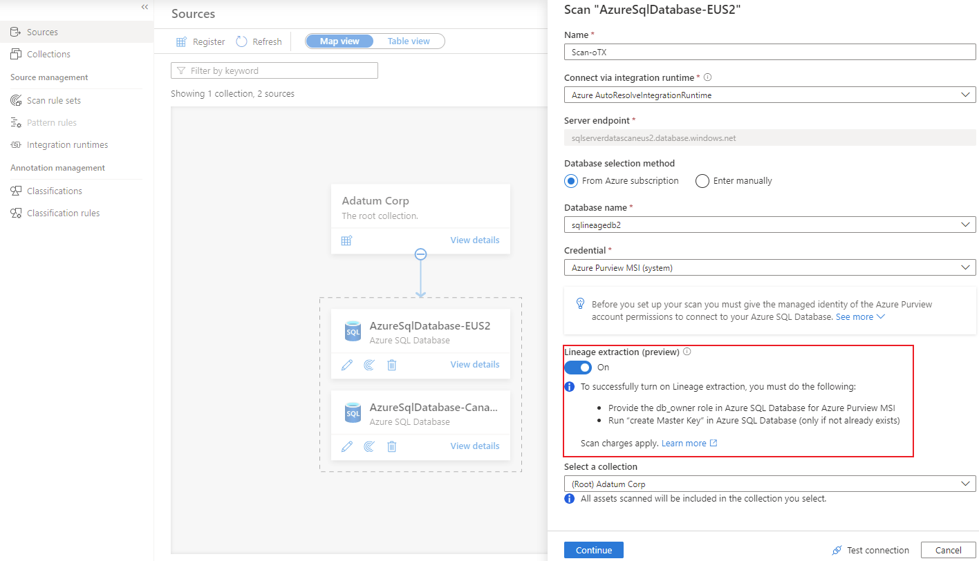 Captura de tela que mostra o painel para criar uma nova verificação, com a extração de linhagem ativada.