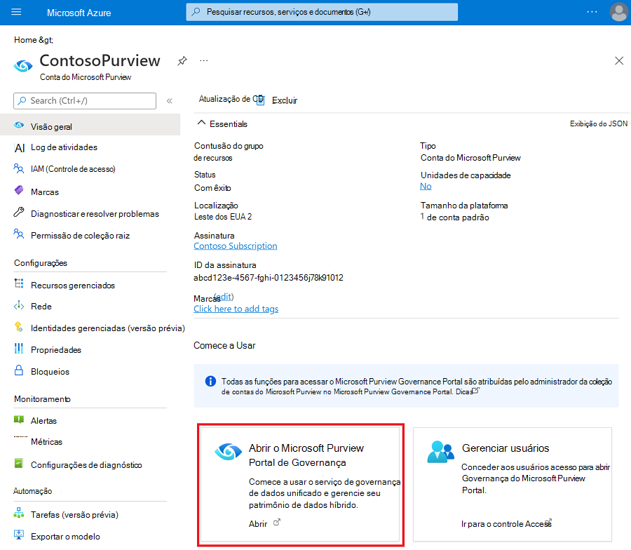 Captura de ecrã que mostra a ligação para abrir o portal de governação clássico do Microsoft Purview.