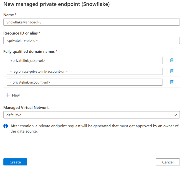 Captura de ecrã da página de criação de pontos finais privados geridos do Snowflake no Microsoft Purview.