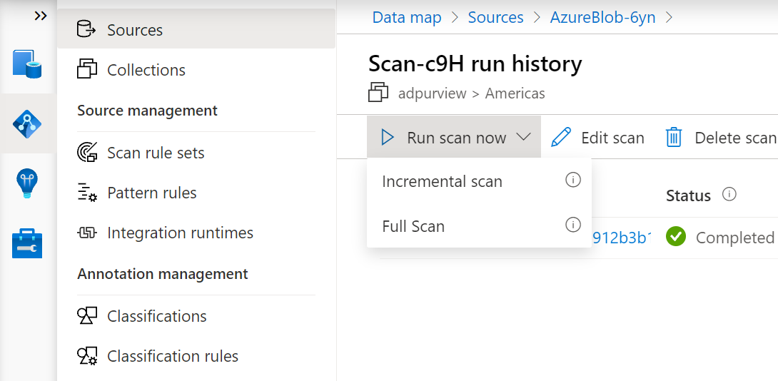 Captura de tela do botão executar verificação agora mostrando as opções de verificação completa e incremental.