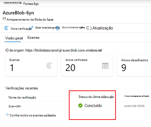 Captura de tela de uma página de detalhes de origem com uma verificação mostrando uma status concluída.