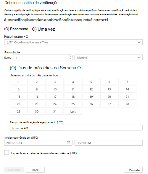 Captura de tela do conjunto de uma página de gatilho de verificação mostrando uma agenda mensal recorrente.