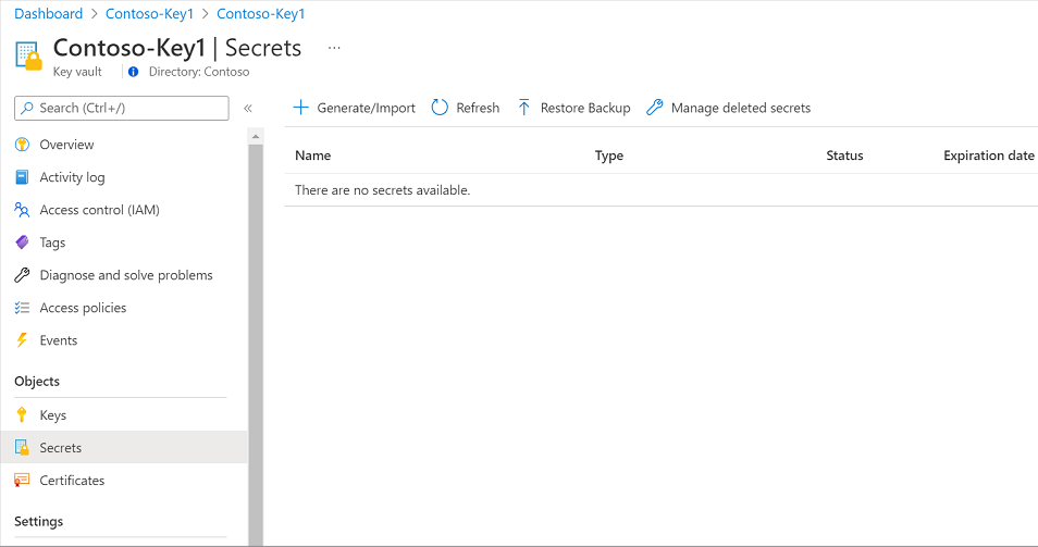 Captura de tela de como navegar até Azure Key Vault.