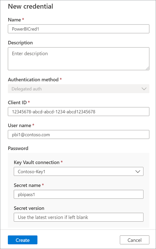 Captura de tela do menu nova credencial, mostrando a credencial Power BI com todos os valores necessários fornecidos.