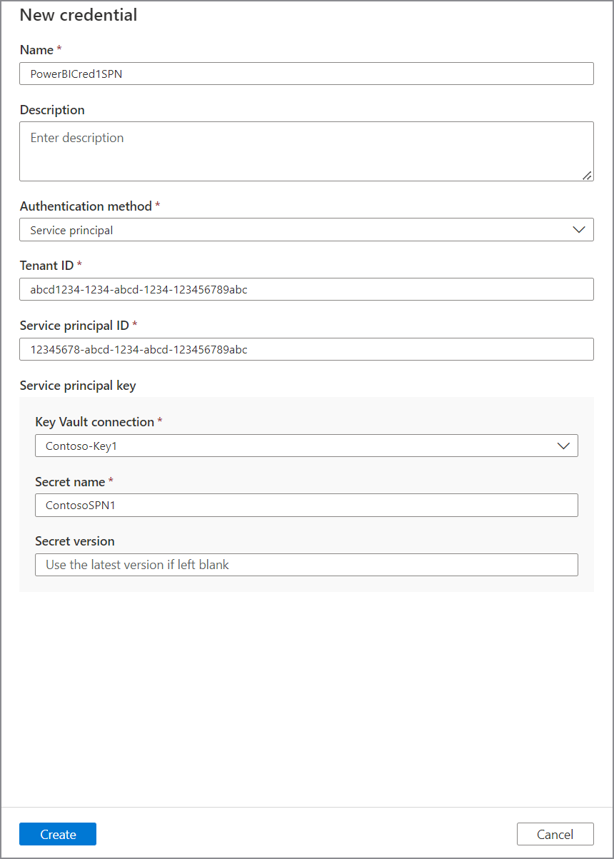 Captura de tela do menu nova credencial, mostrando a credencial do Power BI para SPN com todos os valores necessários fornecidos.