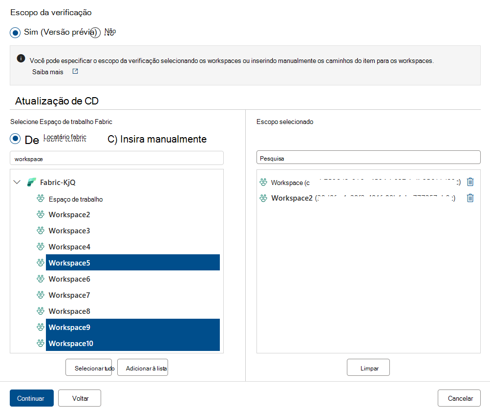 Captura de tela que mostra o Escopo da sua verificação com a opção Sim selecionada.