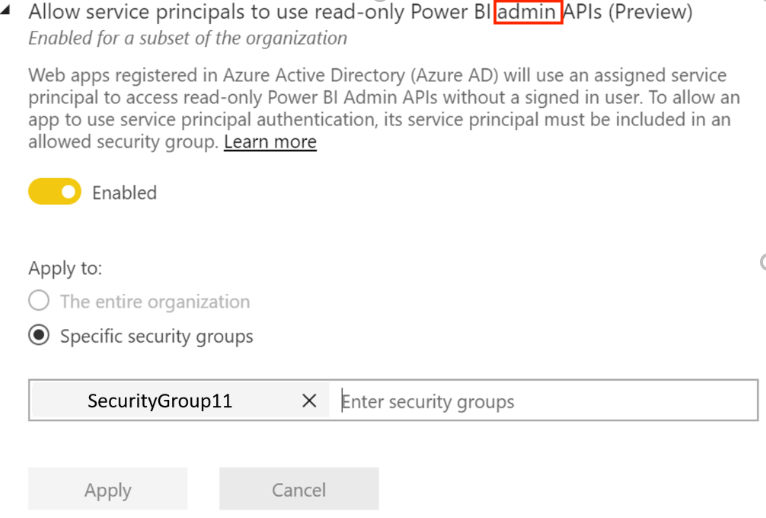 Imagem mostrando como permitir que as entidades de serviço obtenham permissões de API de administração somente leitura do Power BI.