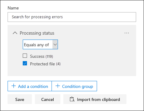 Use a condição De processamento status para pesquisar documentos de erro.