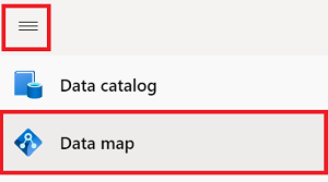 Captura de tela que mostra o menu à esquerda no portal de governança do Microsoft Purview aberto com o Mapa de Dados realçado.