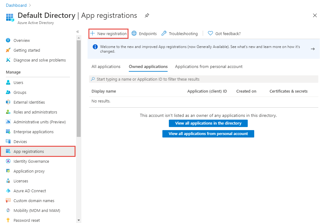 Captura de ecrã a mostrar a página Registos de Aplicações com a ligação Novo registo selecionada.
