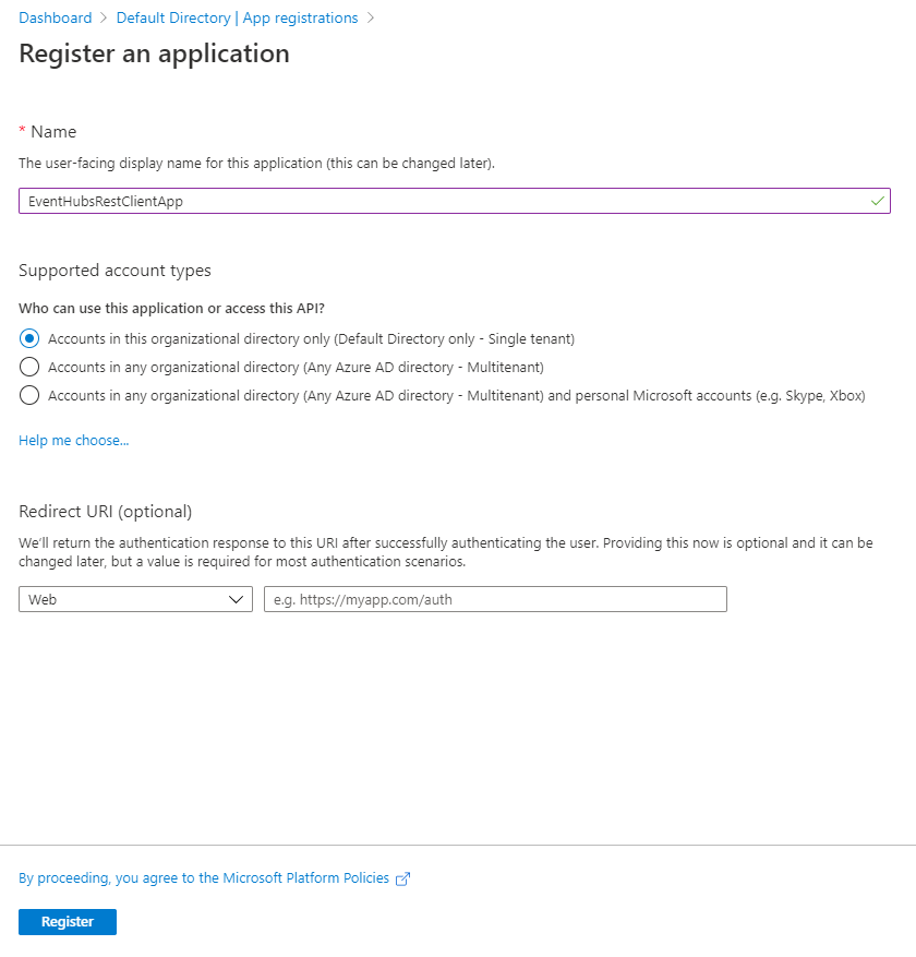Captura de ecrã a mostrar a página Registar aplicação.