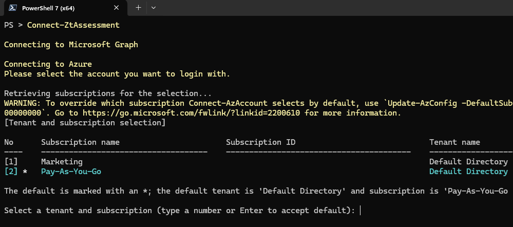 Captura de ecrã das opções de seleção de subscrição do Azure na consola do PowerShell 7.